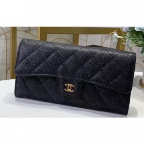 Chanel Classic Long Flap Wallet 30077 Grained Calfskin Black/Gold AQ04203 Chanel Classic Long Flap Wallet 30077 Grained Calfskin Black/Gold AQ04203
