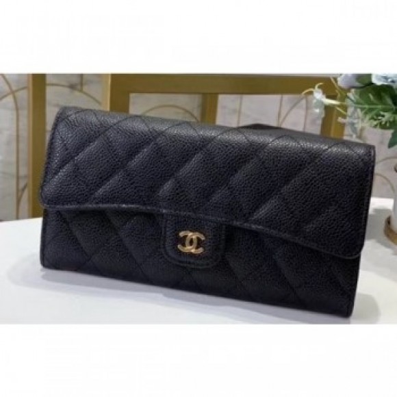 Chanel Classic Long Flap Wallet 30077 Grained Calfskin Black/Gold AQ04203 Chanel Classic Long Flap Wallet 30077 Grained Calfskin Black/Gold AQ04203