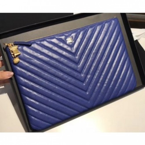Chanel Caviar Leather Owl Charms Chevron Pouch Clutch Large Bag A82545 Blue 2018 AQ03880 Chanel Caviar Leather Owl Charms Chevron Pouch Clutch Large Bag A82545 Blue 2018 AQ03880