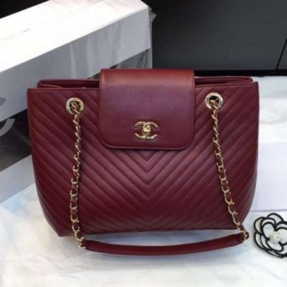 Chanel Chevron Calfskin Strap Shopping Bag Burgundy 2019 Collection AQ03481 Chanel Chevron Calfskin Strap Shopping Bag Burgundy 2019 Collection AQ03481
