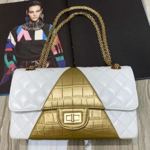Chanel Quilted Lambskin and Crocodile Embossed Calfskin Medium 2.55 Flap Bag A37586 White 2019 Collection AQ03940 Chanel Quilted Lambskin and Crocodile Embossed Calfskin Medium 2.55 Flap Bag A37586 White 2019 Collection AQ03940