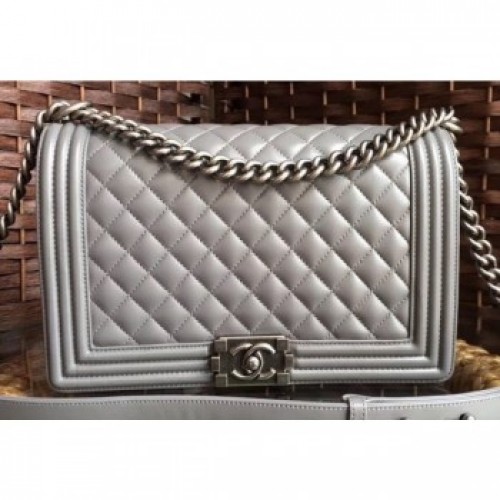 Chanel Lambskin Boy Flap Medium Bag Gray/Silver AQ04253