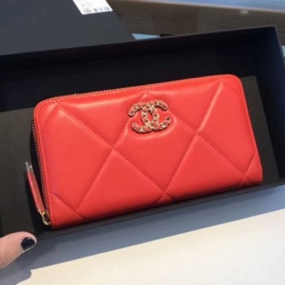 Chanel 19 Goatskin Long Zipped Wallet AP1063 Orange Red 2019 Collection AQ02801 Chanel 19 Goatskin Long Zipped Wallet AP1063 Orange Red 2019 Collection AQ02801