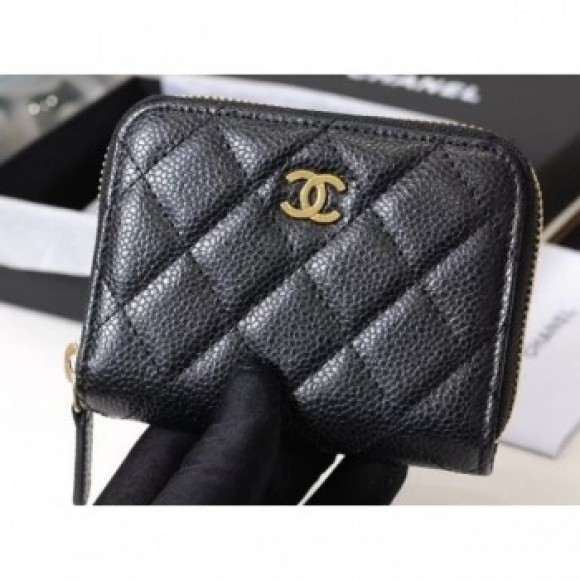 Chanel Classic Small Zipped Card Holder 60086 Grained Calfskin Black/Gold AQ01096 Chanel Classic Small Zipped Card Holder 60086 Grained Calfskin Black/Gold AQ01096