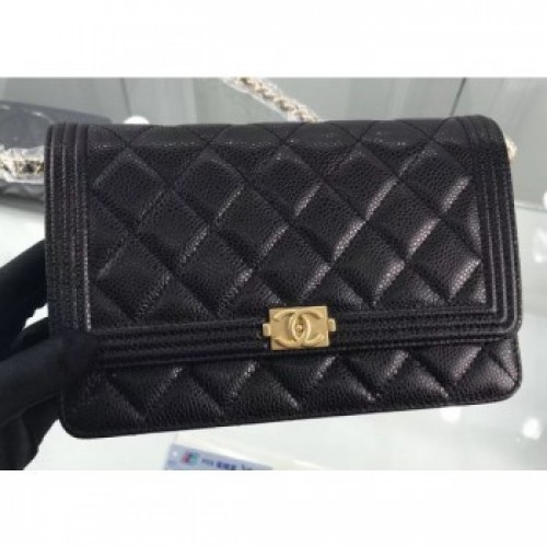 Chanel Grained Leather Boy Wallet On Chain WOC Bag A80287 Black/Gold AQ00740