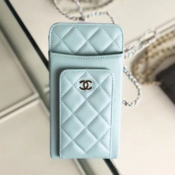 Chanel Quilted Lambskin Vertical Phone Holder/Classic Clutch with Chain AP0990 Blue 2019 Collection AQ04282 Chanel Quilted Lambskin Vertical Phone Holder/Classic Clutch with Chain AP0990 Blue 2019 Collection AQ04282