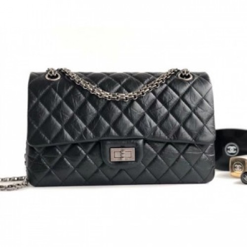 Chanel 2.55 Reissue Size 225 Bag in wrinkled calfskin black with silver hardware AQ03607