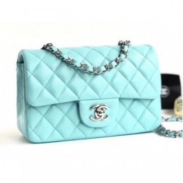 Chanel Lambskin Classic Flap Bag A01116 Light Blue With Silver Hardware AQ03428