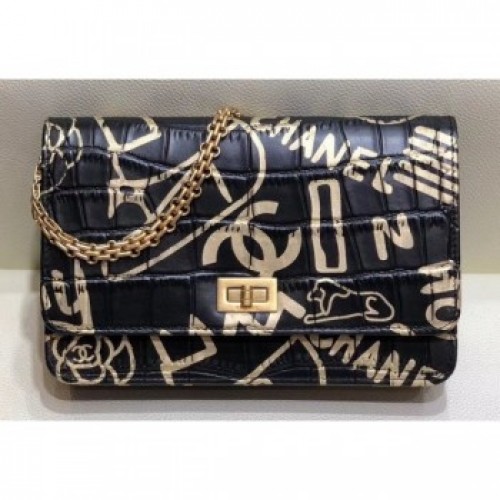 Chanel Reissue 2.55 Crocodile Embossed Printed Leather Wallet on Chain WOC Bag A70328 Black 2019 AQ00567