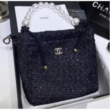 Chanel Tweed with Pearls Hobo Shopping Tote Bag Navy Blue 2019 AQ01095 Chanel Tweed with Pearls Hobo Shopping Tote Bag Navy Blue 2019 AQ01095