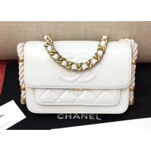 Chanel Crumpled Calfskin Cotton Strap Flap Bag AS0074 White 2019 AQ01289