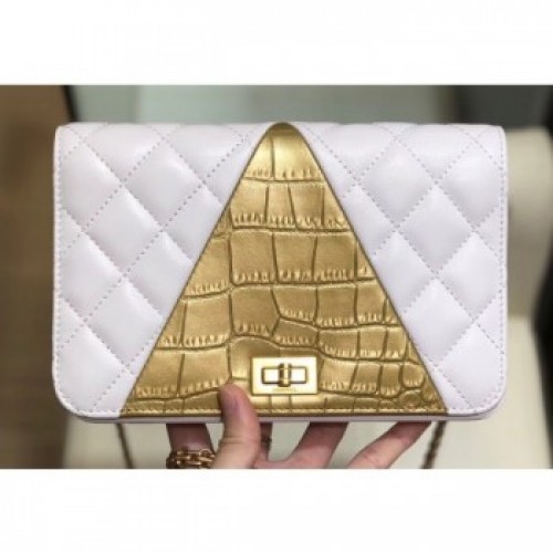 Chanel Reissue 2.55 Lambskin and Crocodile Embossed Calfskin Wallet on Chain WOC Bag AP0612 White/Gold 2019 AQ02789 Chanel Reissue 2.55 Lambskin and Crocodile Embossed Calfskin Wallet on Chain WOC Bag AP0612 White/Gold 2019 AQ02789