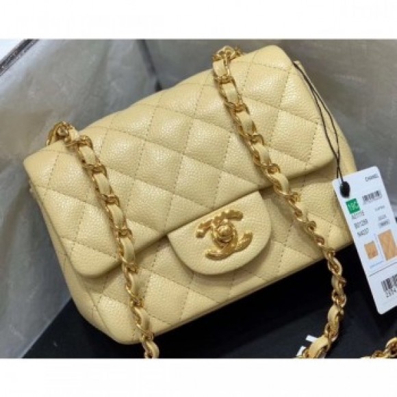 Chanel Original Quality Mini Classic Flap Bag 1115 in Caviar Leather Yellow with Gold Hardware AQ02386 Chanel Original Quality Mini Classic Flap Bag 1115 in Caviar Leather Yellow with Gold Hardware AQ02386