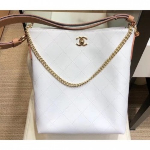 Chanel Quilted Leather Striped Side Hobo Bag AS0666 White 2019 AQ02643 Chanel Quilted Leather Striped Side Hobo Bag AS0666 White 2019 AQ02643
