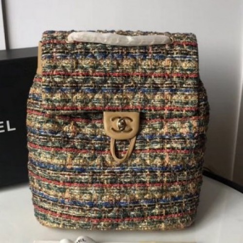 Chanel Quilted Tweed Medium Backpack Gold/Red/Blue 2019 Collection AQ03062 Chanel Quilted Tweed Medium Backpack Gold/Red/Blue 2019 Collection AQ03062
