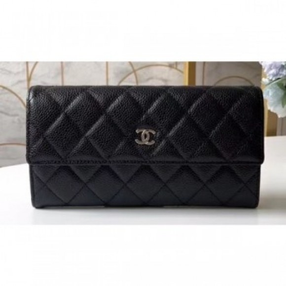 Chanel Classic Long Flap Wallet 31502 Grained Calfskin Black AQ01424 Chanel Classic Long Flap Wallet 31502 Grained Calfskin Black AQ01424