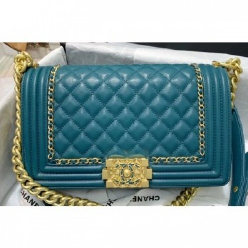 Chanel Boy Flap Medium Bag with Chain Trim Turquoise Blue Cruise 2020 AQ00901