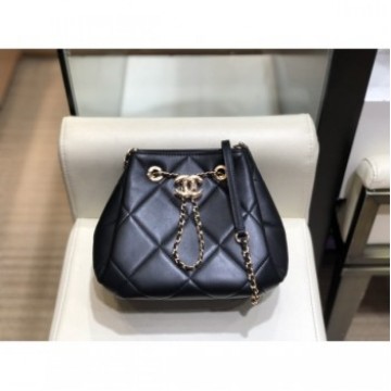 Chanel Quilted Lambskin Small Drawstring Bucket Bag AS1801 Black/Gold 2020 Collection AQ00789 Chanel Quilted Lambskin Small Drawstring Bucket Bag AS1801 Black/Gold 2020 Collection AQ00789