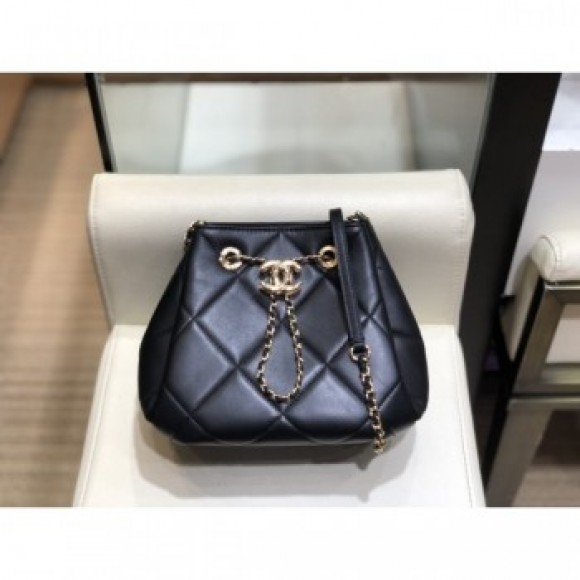Chanel Quilted Lambskin Small Drawstring Bucket Bag AS1801 Black/Gold 2020 Collection AQ00789 Chanel Quilted Lambskin Small Drawstring Bucket Bag AS1801 Black/Gold 2020 Collection AQ00789