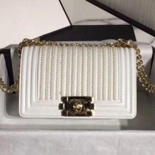 Chanel Pearl Calfskin Small Boy Flap Bag A67085 White 2019 Collection AQ02533