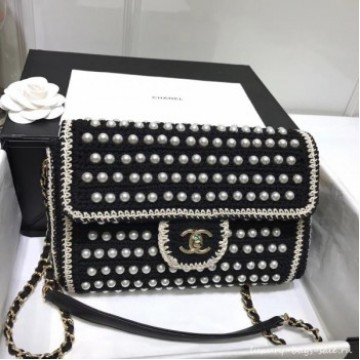 chanel pearl knitwear classic flap bag black AQ03197 chanel pearl knitwear classic flap bag black AQ03197