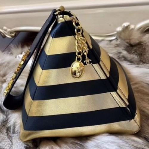Chanel Metallic Lambskin Stripes Pyramid Clutch Bag AS0688 Gold/Black 2019 Collection AQ01219 Chanel Metallic Lambskin Stripes Pyramid Clutch Bag AS0688 Gold/Black 2019 Collection AQ01219