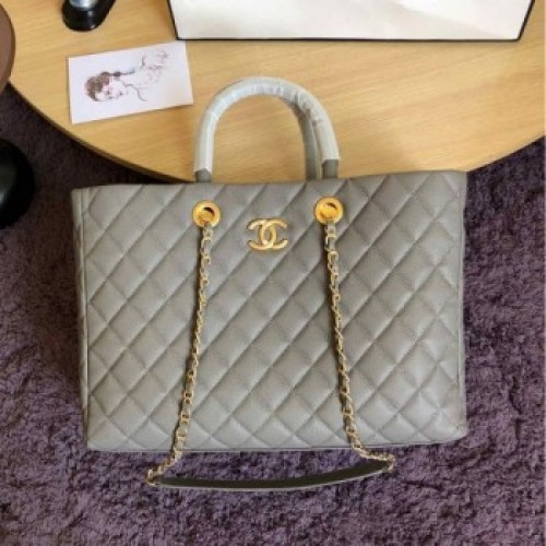 Chanel Quilted Grained Calfskin Large Shopping Bag Light Gray 2019 Collection AQ04202 Chanel Quilted Grained Calfskin Large Shopping Bag Light Gray 2019 Collection AQ04202