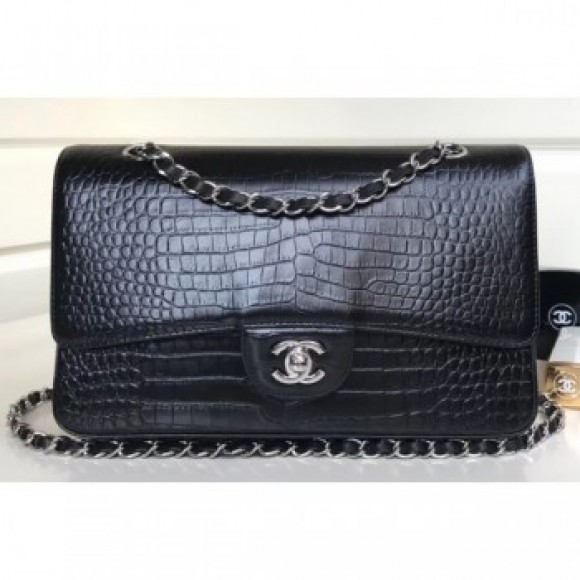 Chanel Croco Pattern Classic Flap Medium Bag Black AQ02677 Chanel Croco Pattern Classic Flap Medium Bag Black AQ02677
