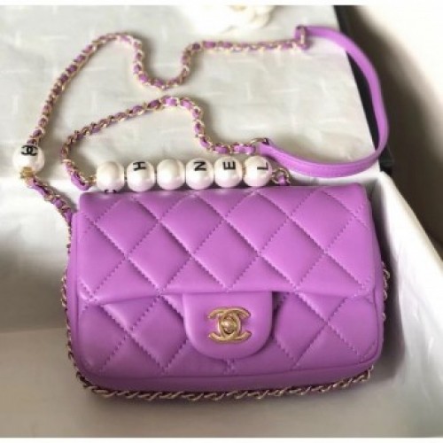 Chanel Lambskin Small Flap Bag with Pearls AS1436 Purple 2020 Collection AQ02737 Chanel Lambskin Small Flap Bag with Pearls AS1436 Purple 2020 Collection AQ02737