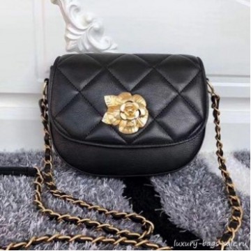 Chanel Vintage Camellia Saddle Flap Bag A57910 Black 2019 Collection AQ00712