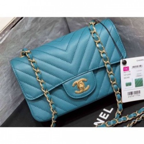 Chanel Original Quality Small Classic Flap Bag 1116 in Caviar Leather Chevron Turquoise with Gold Hardware AQ01668