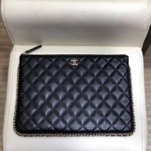 Chanel Quilted Lambskin Chain Trim Pouch AP0638 Black 2019 Collection AQ01302