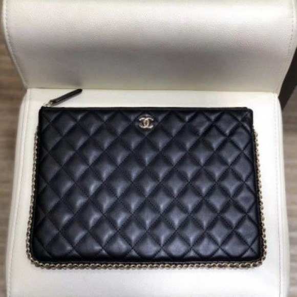 Chanel Quilted Lambskin Chain Trim Pouch AP0638 Black 2019 Collection AQ01302 Chanel Quilted Lambskin Chain Trim Pouch AP0638 Black 2019 Collection AQ01302