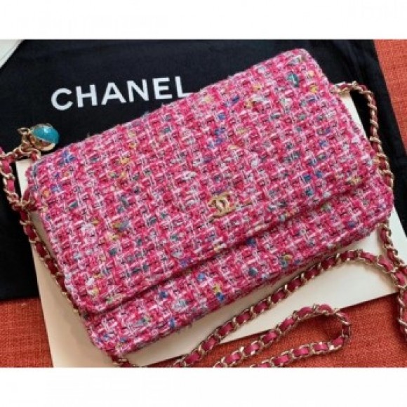 Chanel Cotton Tweed Classic Wallet On Chain WOC Bag A33814 Fuchsia 2019 AQ02079 Chanel Cotton Tweed Classic Wallet On Chain WOC Bag A33814 Fuchsia 2019 AQ02079