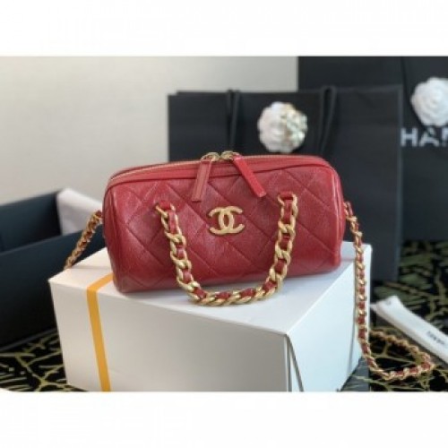 Chanel Quilted Lambskin Bowling Bag with Chain Handle Red 2020 Collection AQ03613 Chanel Quilted Lambskin Bowling Bag with Chain Handle Red 2020 Collection AQ03613