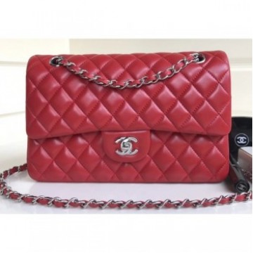 Chanel Classic Flap Medium Bag A1112 Red in Sheepskin Leather with Silver Hardware AQ03482