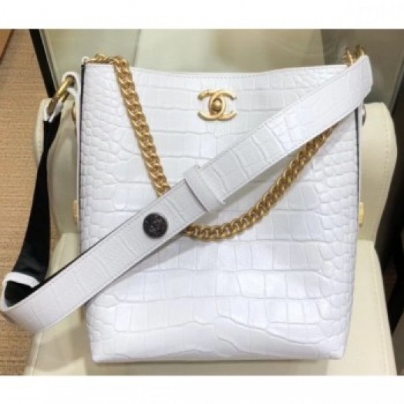 Chanel Crocodile Embossed Calfskin Button Up Hobo Bag White 2019 AQ02329 Chanel Crocodile Embossed Calfskin Button Up Hobo Bag White 2019 AQ02329