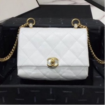 Chanel Quilted Leather Pearl Trim Small Flap Bag AS1170 White 2019 Collection AQ02726