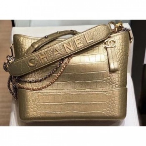 Chanel Crocodile Embossed Calfskin Gabrielle Medium Hobo Bag AS0866 Metallic Gold 2019 AQ03112