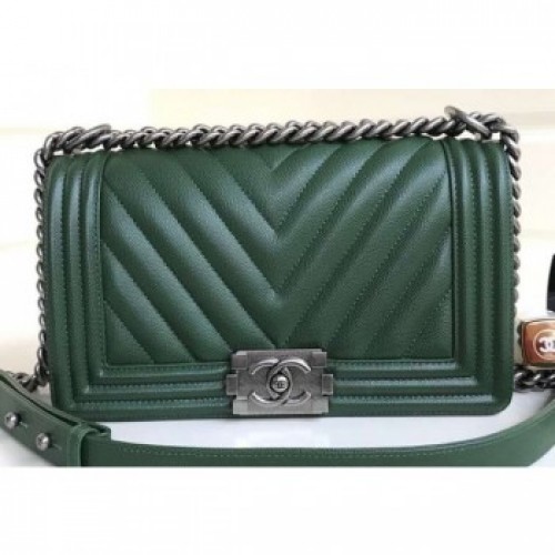 Chanel Caviar Leather Chevron Boy Flap Medium Bag Green/Silver AQ02734 Chanel Caviar Leather Chevron Boy Flap Medium Bag Green/Silver AQ02734
