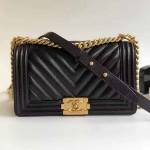 Chanel Grained Calfskin Medium BOY CHANEL Handbag with Gold-tone Metal Black 2018 Collection AQ01651