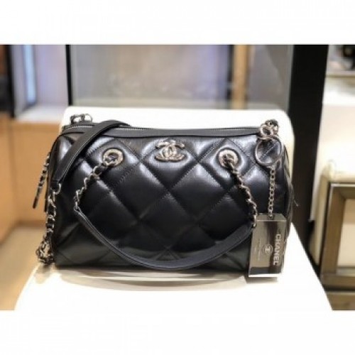 Chanel Quilted Calfskin Small Bowling Bag AS1321 Black/Silver 2020 Collection AQ03028 Chanel Quilted Calfskin Small Bowling Bag AS1321 Black/Silver 2020 Collection AQ03028
