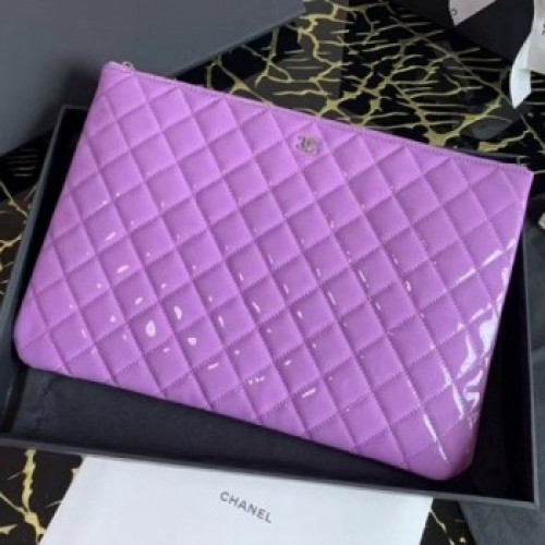 Chanel Quilted Patent Leather Large Pouch Purple 2020 Collection AQ02075
