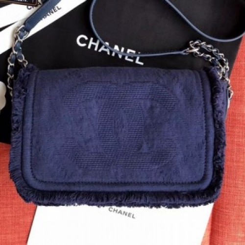 Chanel Fringe Trim Fabric CC Flap Bag Blue 2019 Collection AQ00949 Chanel Fringe Trim Fabric CC Flap Bag Blue 2019 Collection AQ00949