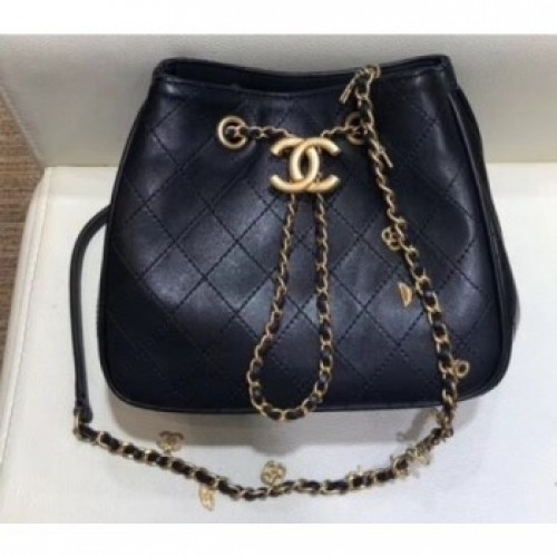 Chanel Charms Lambskin Drawstring Bucket Mini Bag Black 2019 AQ01039 Chanel Charms Lambskin Drawstring Bucket Mini Bag Black 2019 AQ01039