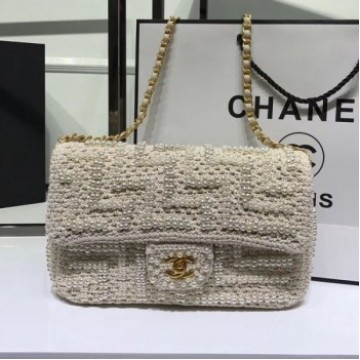 Chanel Crochet Pearl Classic Medium Flap Bag White 2019 Collection AQ02991 Chanel Crochet Pearl Classic Medium Flap Bag White 2019 Collection AQ02991