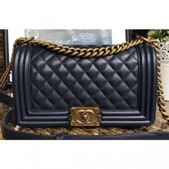 Chanel Lambskin Boy Flap Medium Bag Navy Blue/Gold AQ01249 Chanel Lambskin Boy Flap Medium Bag Navy Blue/Gold AQ01249