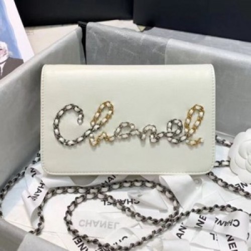 Chanel Calfskin Chain CHANEL Wallet on Chian WOC White 2020 Collection AQ03617 Chanel Calfskin Chain CHANEL Wallet on Chian WOC White 2020 Collection AQ03617