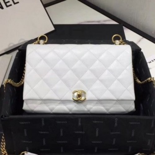 Chanel Quilted Leather Pearl Trim Medium Flap Bag AS1172 White 2019 Collection AQ01918 Chanel Quilted Leather Pearl Trim Medium Flap Bag AS1172 White 2019 Collection AQ01918
