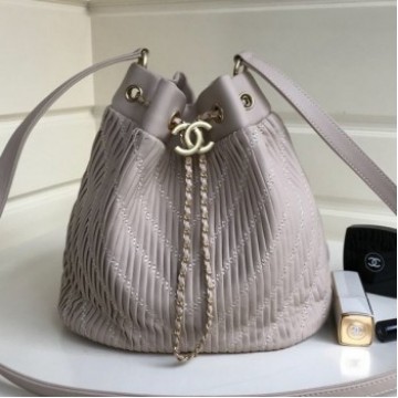 Chanel Chevron Pleated Bucket Bag Light Gray 2019 Collection AQ04003